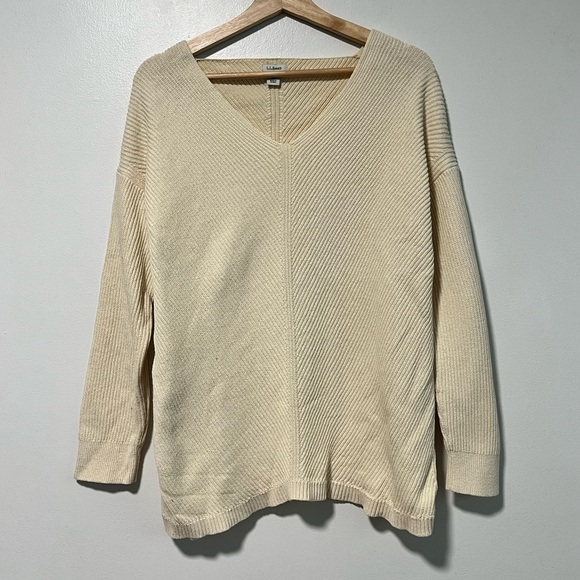 L.L. Bean Women’s V-Neck Cotton Sweater – Cream Textured Knit Pullover, Size L - Picture 1 of 9